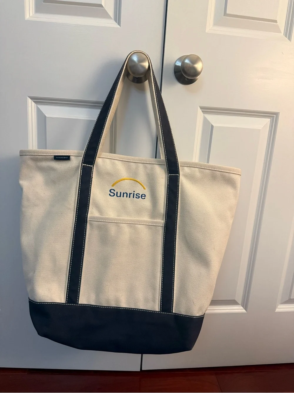 Large Lands' End Canvas Tote in Cream and Navy with Sunrise Logo